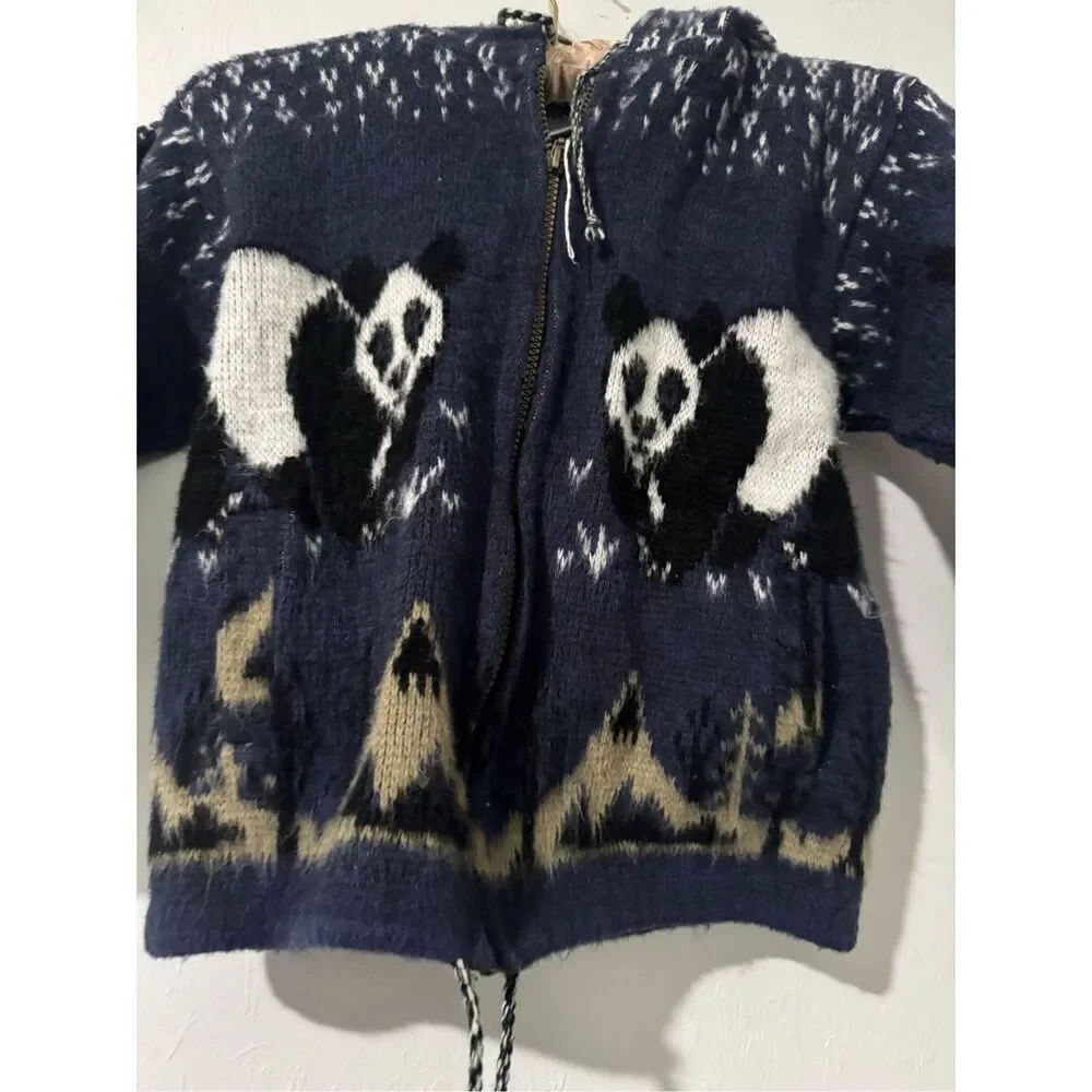 Panda Bear print hooded sweater wool kids 7/8